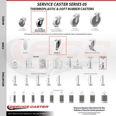 Service Caster 2 Inch Polyurethane Wheel 7/8 Grip Ring Stem Caster, 5PK SCC-GR05S210-TPUS-71678-5